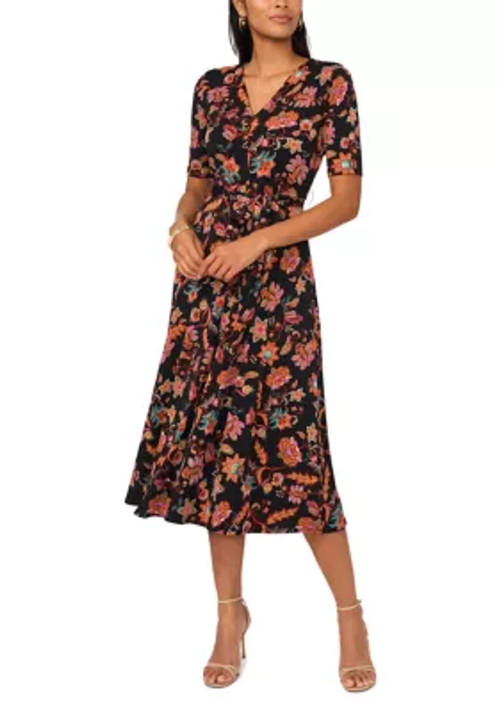 Women's Short Sleeve V-Neck Tie Waist Printed Fit and Flare Dress