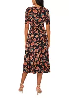 Women's Short Sleeve V-Neck Tie Waist Printed Fit and Flare Dress