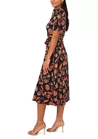 Women's Short Sleeve V-Neck Tie Waist Printed Fit and Flare Dress