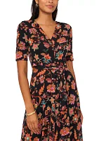 Women's Short Sleeve V-Neck Tie Waist Printed Fit and Flare Dress