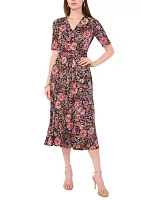 Women's Short Sleeve V-Neck Tie Waist Printed Fit and Flare Dress