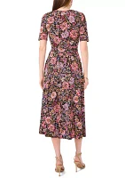 Women's Short Sleeve V-Neck Tie Waist Printed Fit and Flare Dress