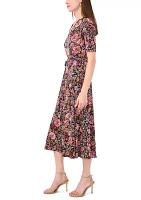 Women's Short Sleeve V-Neck Tie Waist Printed Fit and Flare Dress