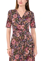 Women's Short Sleeve V-Neck Tie Waist Printed Fit and Flare Dress