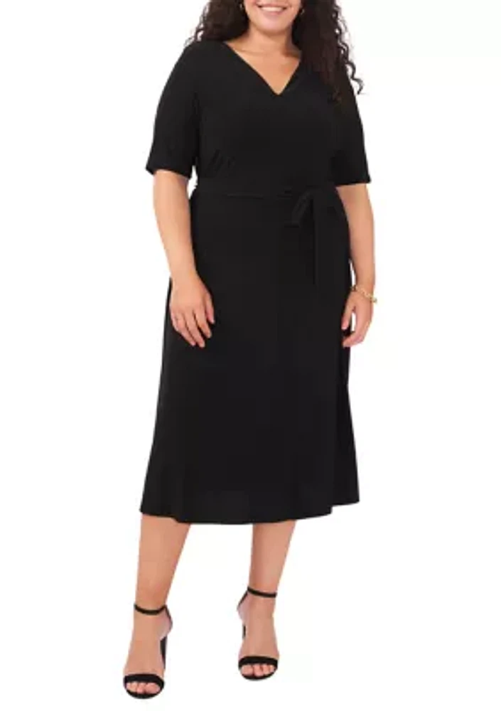 Plus Elbow Sleeve V-Neck Solid Tie Front Midi Dress