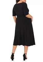 Plus Elbow Sleeve V-Neck Solid Tie Front Midi Dress