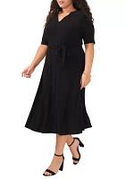 Plus Elbow Sleeve V-Neck Solid Tie Front Midi Dress