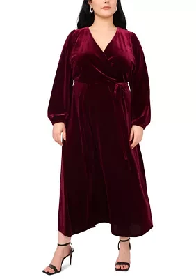 Plus Long Sleeve V-Neck Solid Velvet Fit and Flare Maxi Dress