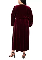 Plus Long Sleeve V-Neck Solid Velvet Fit and Flare Maxi Dress