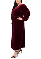 Plus Long Sleeve V-Neck Solid Velvet Fit and Flare Maxi Dress