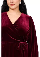 Plus Long Sleeve V-Neck Solid Velvet Fit and Flare Maxi Dress