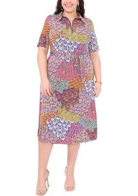 Plus Collared Zip Front Printed Tie Waist Fit and Flare Dress