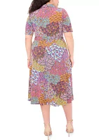 Plus Collared Zip Front Printed Tie Waist Fit and Flare Dress