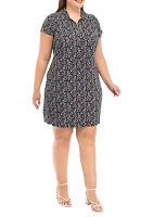 Plus Short Sleeve Collar Dot Print A-Line Dress