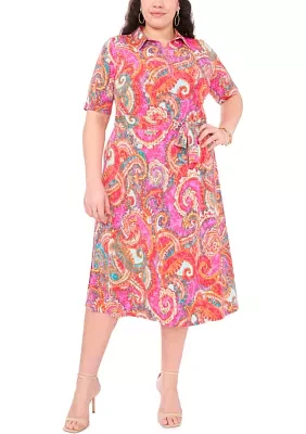 Plus Collared Paisley Printed Zip Front Fit and Flare Dress