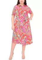 Plus Collared Paisley Printed Zip Front Fit and Flare Dress