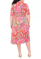 Plus Collared Paisley Printed Zip Front Fit and Flare Dress