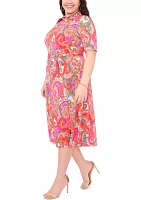 Plus Collared Paisley Printed Zip Front Fit and Flare Dress