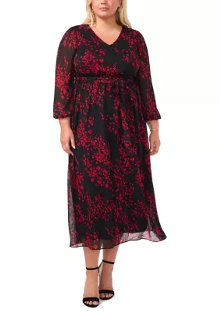 Plus Long Sleeve V-Neck Printed Chiffon A-Line Dress