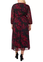 Plus Long Sleeve V-Neck Printed Chiffon A-Line Dress