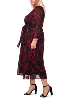 Plus Long Sleeve V-Neck Printed Chiffon A-Line Dress