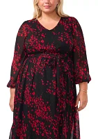 Plus Long Sleeve V-Neck Printed Chiffon A-Line Dress