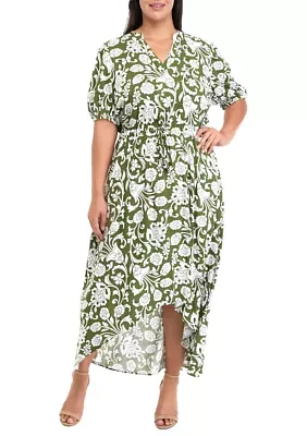 Plus Puff Sleeve V-Neck Printed Fit and Flare Dress