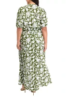 Plus Puff Sleeve V-Neck Printed Fit and Flare Dress