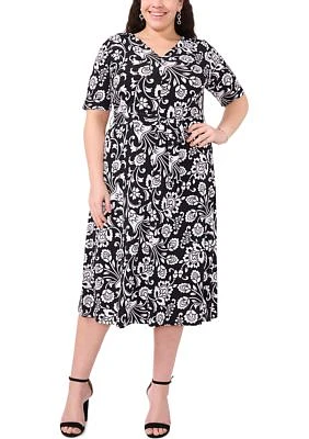 Plus Short Sleeve Floral Print Fit and Flare Dress