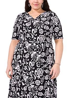 Plus Short Sleeve Floral Print Fit and Flare Dress