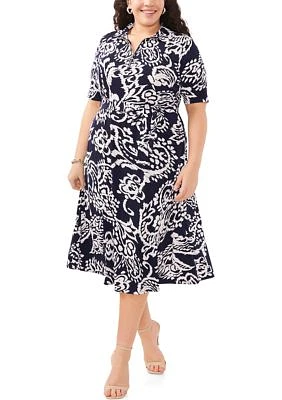 Plus Short Sleeve V-Neck Zip Front Paisley Print Midi Dress