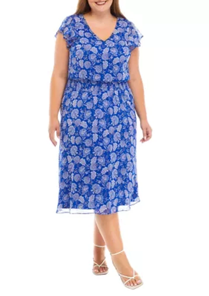 Plus Short Sleeve V-Neck Dot Paisley Chiffon Midi Fit and Flare Dress