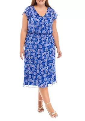 Plus Short Sleeve V-Neck Dot Paisley Chiffon Midi Fit and Flare Dress