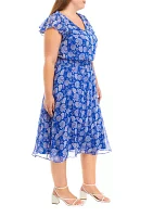 Plus Short Sleeve V-Neck Dot Paisley Chiffon Midi Fit and Flare Dress