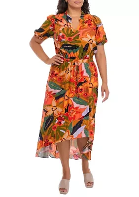 Plus Puff Sleeve Printed V-Neck Maxi Dress