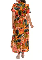 Plus Puff Sleeve Printed V-Neck Maxi Dress