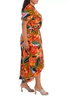 Plus Puff Sleeve Printed V-Neck Maxi Dress