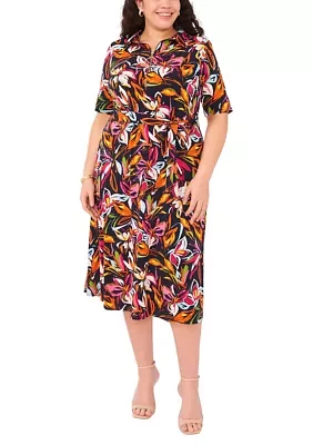 Plus Collared Zip Front Floral Printed Fit and Flare Dress