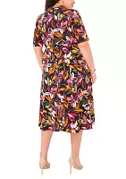 Plus Collared Zip Front Floral Printed Fit and Flare Dress