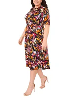 Plus Collared Zip Front Floral Printed Fit and Flare Dress