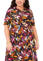 Plus Collared Zip Front Floral Printed Fit and Flare Dress