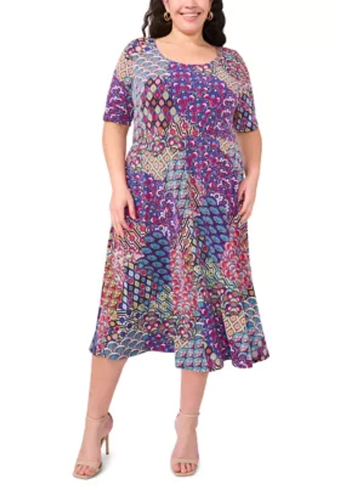 Plus Short Sleeve Scoop Neck Abstract Print Midi Dress