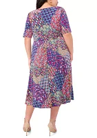 Plus Short Sleeve Scoop Neck Abstract Print Midi Dress