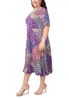 Plus Short Sleeve Scoop Neck Abstract Print Midi Dress