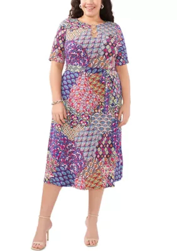 Plus Short Sleeve 3 Ring Printed Tie Front Midi Dress