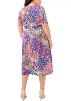 Plus Short Sleeve 3 Ring Printed Tie Front Midi Dress