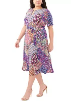 Plus Short Sleeve 3 Ring Printed Tie Front Midi Dress