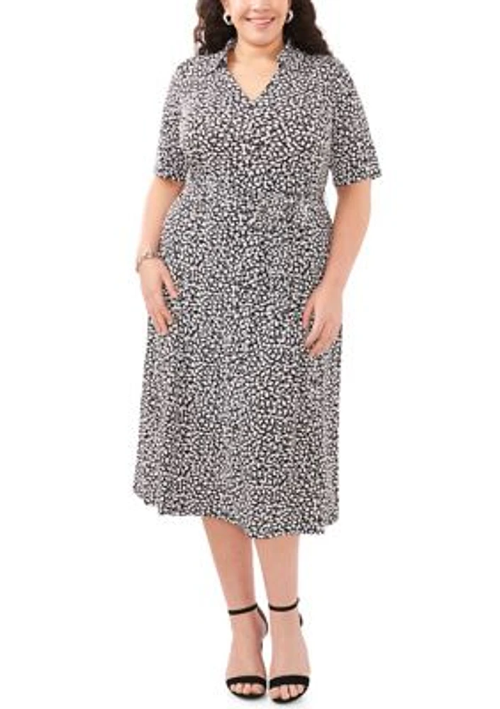 Plus Short Sleeve Printed Tie Front Midi Dress