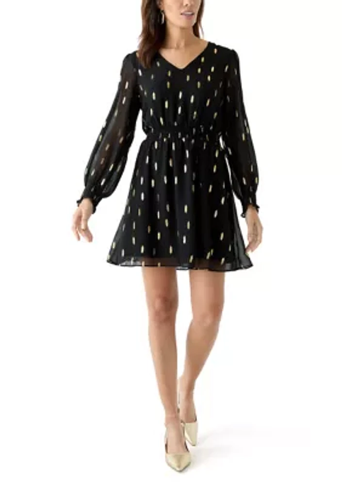 Women's Long Sleeve V-Neck Printed Chiffon Fit and Flare Dress