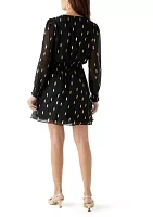 Women's Long Sleeve V-Neck Printed Chiffon Fit and Flare Dress